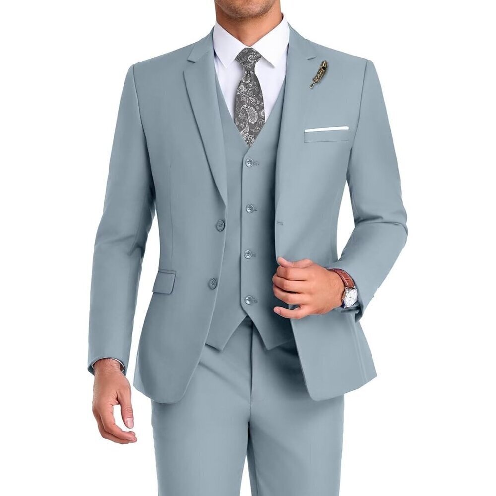 Men's Notched Lapel  Blue Grey Groomsmen Slim Fit 3 Pieces Suit for Wedding